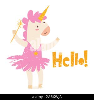 Süße magic unicorn Bild mit Schriftzug Hallo Stock Vektor