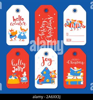 Sechs Weihnachten Verkauf Etiketten mit niedlichen elf Zeichen feiern Weihnachten Stock Vektor