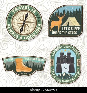 Satz von outdoor adventure quotes Symbol. Vektor. Konzept für Abzeichen, Patch, shirt, Logo, Print, Stempel oder T-Stück. Design mit Condor, camping Zelt, Wanderschuhe, Kompass, Berge und Wälder Silhouette. Stock Vektor