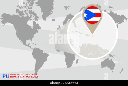 Weltkarte mit vergrößerten Puerto Rico. Puerto Rico Flagge und Karte. Stock Vektor