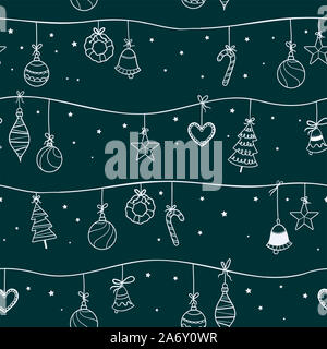 Spaß hand Weihnachten gezogenen Kugeln nahtlose Muster, Christbaumschmuck hängen an Zweigen mit Bändern - Vektor Oberflächengestaltung Stockfoto