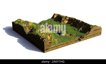 Modell der einen Querschnitt der Boden mit Hügeln, Fluss und Wiesen (3D-Rendering, mit Schatten auf weißem Hintergrund) Stockfoto