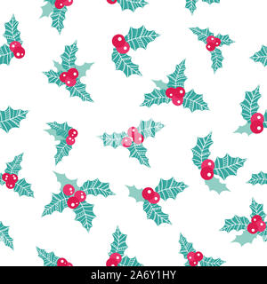 Schöne Holly Berry nahtlose Muster, Hand gezeichnet kreative Blätter - Weihnachten Hintergrund, großartig für X-Mas Themen, Banner, Geschenkpapier, Tapeten, Stockfoto