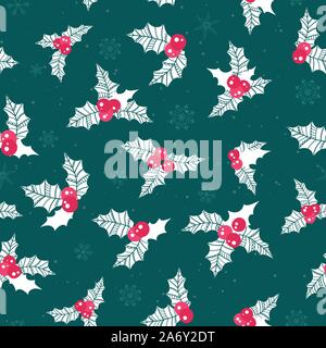 Schöne Holly Berry nahtlose Muster, handdrawn kreative Blätter - Weihnachten Hintergrund, großartig für X-Mas Themen, Banner, Geschenkpapier, Tapeten, Stock Vektor