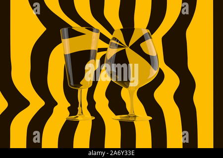 Paar leere Weingläser und Wein auf dem abisolierten Hintergrund. 3D-Darstellung. Stockfoto