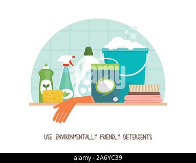 Grünes Wohnen und Nachhaltigkeit Tipps: Verwenden Sie umweltfreundliche Wasch- und Reinigungsmittel, ihr Haus zu reinigen Stock Vektor