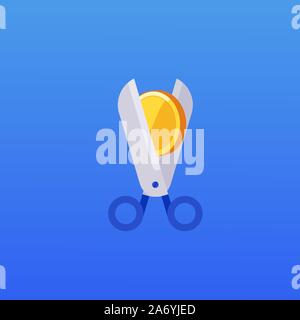 Schere schneiden Gold Medaille. Senkung der Kosten oder Preis. Vector Illustration. Stock Vektor