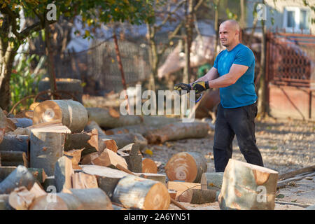 Holzfäller splitting Buche Brennholz Stockfoto