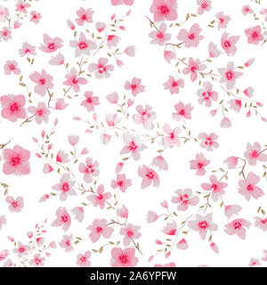 Aquarell nahtlose Muster wiederholen mit Cherry Blossom tree auf Weiß, florale Komposition mit rosa Blumen isoliert, sakura Aquarell Blumen Stockfoto