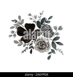 Aquarell von monochrom Blumenstrauß auf Weiß, floraler Abbildung mit grauen Blüten, Knospen und Blätter, botanischen Zusammensetzung isoliert Stockfoto