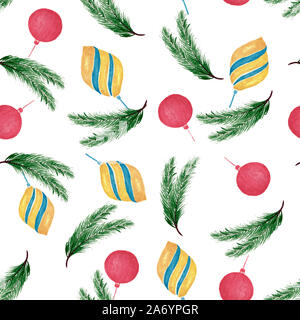 Satz von watercolor Weihnachten Symbole, nahtlose Muster wiederholen mit Weihnachtskugeln und Tannenbaum isoliert auf weißem, Aquarell weihnachten Zusammensetzung Stockfoto