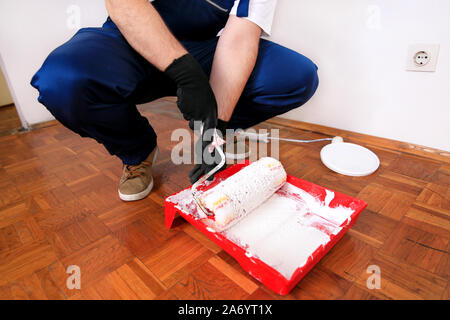 Bauarbeiter tun beenden Renovierung im Apartment. Maler mit Handschuhen hält weiße Walze Pinsel in der hand und Malen im Container- und roten Schüssel Stockfoto