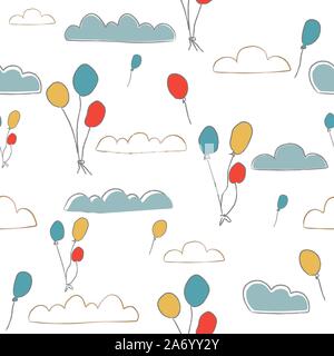Nahtlose Muster mit Wolken und bunten Ballons Hand in Pinsel auf gepunktete funky Hintergrund dargestellt. Große oder Wall Art, Verpackung, Textil-, Gewebe-, swatc Stock Vektor