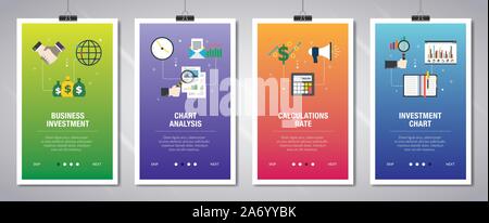 Vektor einrichten der vertikalen Web Banner mit Investitionen der Unternehmen, chart Analysen, Berechnungen und Investitionen. Vektor banner Vorlage für Websit Stock Vektor
