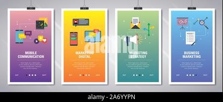 Banner mit Symbolen für Internet auf Websites oder App Vorlagen mit mobiler Kommunikation, Marketing Digital, Marketing Strategie und Business marketin Stock Vektor