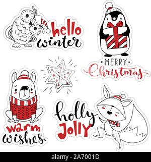 Linienstil vektor Weihnachten Sticker Set. Cute Etiketten mit cartoon Weihnachten Zeichen. Stock Vektor