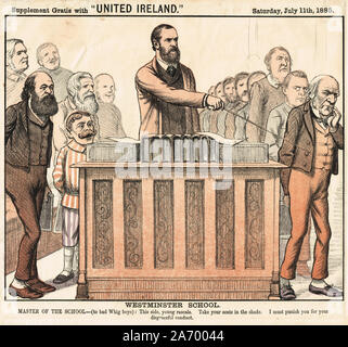 Charles Stewart Parnell Karikatur aus der Vereinigten Irland Sonderbeilage vom 11. Juli 1885 Westminster School berechtigt. Übersicht Parnell als Lehrer die Bestrafung von Gladstone und seine Partei für ihr Versagen bei der Home Rule zu unterstützen, führt zu der hung des Europäischen Parlaments von 1885, in dem die irischen parlamentarische Partei das Gleichgewicht der Macht gehalten. Stockfoto