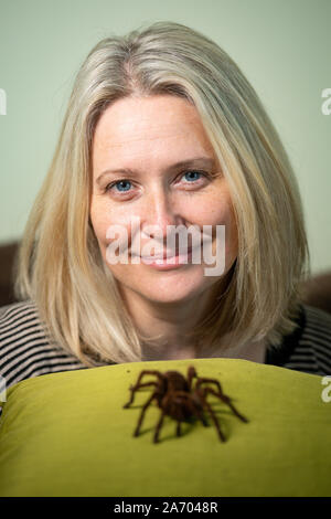 Zoologe Carrie Alcock mit Boris, ihr Goliath birdeater Spinne an ihrem Haus in Cheadle, Staffordshire vor der einzelstaatlichen Pet Show im NEC am 2. November und 3. PA-Foto. Bild Datum: Dienstag, 29 Oktober, 2019. Photo Credit: Jacob König/PA-Kabel Stockfoto