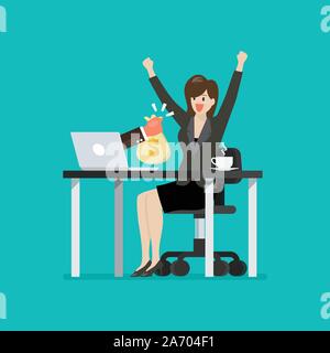 Happy Business woman getting Sack Geld von Ihrem Laptop. Vector Illustration Stock Vektor