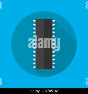 Chip Icon in flacher Ausführung. Einfache Mikrochip mit langen Schatten auf blauem Hintergrund. Microcircuit Flachbild unterzeichnen. Vector Illustration. Stock Vektor