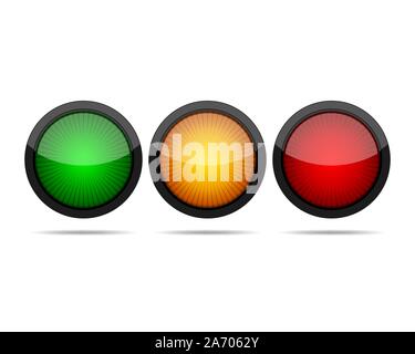 Grüne, Gelbe und Rote runde Buttons, mit einem schwarzen Rahmen. Vector Illustration. Drei runde glänzende Tasten auf weißem Hintergrund. Stock Vektor