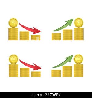 Dollar und Euro Münzen mit grünen und roten Pfeile Stock Vektor