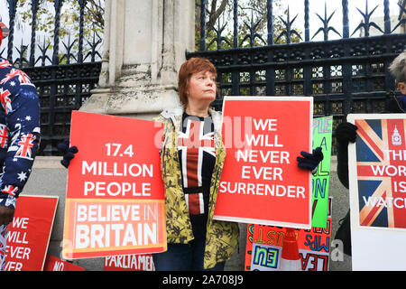 Westminster, London UK. 29. Oktober 2019 Pro Brexit Demonstranten Plakate halten außerhalb des Parlaments als MPS Debatte eine frühe Bundestagswahlkampf der Brexit Sackgasse zu durchbrechen. Amer ghazzal/Alamy leben Nachrichten Stockfoto