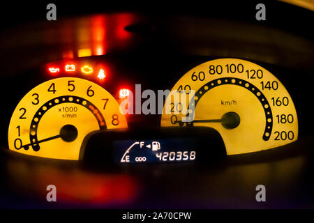 TPMS (Tire Pressure Monitoring System) Überwachung Anzeige auf dem Armaturenbrett. mit Tachometer, Drehzahlmesser, Kilometerzähler, Kraftstoffanzeige, Öltemperatur Stockfoto