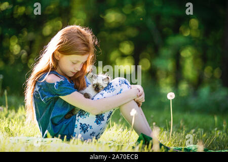 Junge Mädchen spielen mit Kätzchen in Außerhalb Stockfoto