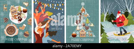 Bündel von Vektor Weihnachtskarten mit Lebkuchen cookies, tanzende Menschen und Santa Claus Skifahren im Wald. Cute flache Hand zeichnen Stock Vektor