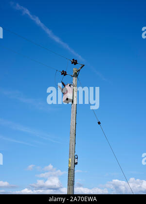 Trafo auf einem strommast am Aussichtspunkt an der Sutors von Cromarty. 23/09/19. Stockfoto