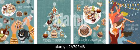 Der Vektor Weihnachtskarten mit Lebkuchen, Plätzchen, tanzende Menschen und Hände mit Spritzbeutel dekorieren Gebäck. Cute flache Hand zeichnen Stock Vektor