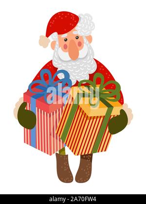 Santa Claus mit großen Boxen der Geschenke. Isolierte Cute Vector Cartoon Illustration auf Weiß Stock Vektor