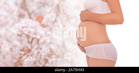 Der Körper der eine schwangere junge Frau auf dem Hintergrund der blühenden Bäume. Stockfoto