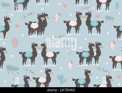 Cute nahtlose Muster mit Hand gezeichnet Alpakas, Kakteen, Herz, und Wolken. Zarte süße Design auf blauem Hintergrund. Vector Illustration Stock Vektor