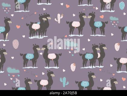 Nahtlose dunklen llama Muster auf dunklem Hintergrund mit Wolken mit Herzen und Kakteen. Saint Valentine's Day. Hand gezeichnet, im skandinavischen Stil. Vektor Illust Stock Vektor