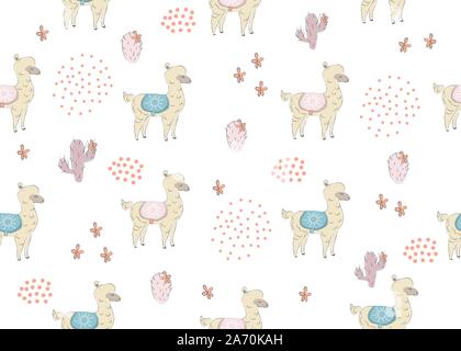 Cute nahtlose Muster mit Hand gezeichnet Paar von Alpakas. Valentinstag Urlaub. Zarte süße Design auf weißem Hintergrund. Ideal für Karten, Dekor, sw Stock Vektor