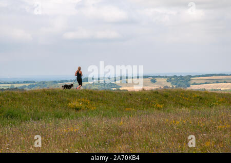 Sportliche Frau zu ihrem Hund entlang der Oberseite der Alten Winchester Hill und South Downs Way in Hampshire, England. Stockfoto