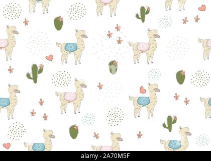 Cute nahtlose Muster mit Hand gezeichnet Paar von Alpakas. Valentinstag Urlaub. Zarte süße Design auf weißem Hintergrund. Ideal für Karten, Dekor, sw Stock Vektor