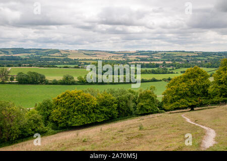 Weit reichenden Blick über die Landschaft von Hampshire aus South Downs Way in der Nähe von Beacon Hill National Nature Reserve östlich von Winchester, England. Stockfoto