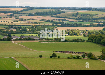 Weit reichenden Blick über die Landschaft von Hampshire aus South Downs Way in der Nähe von Beacon Hill National Nature Reserve östlich von Winchester, England. Stockfoto