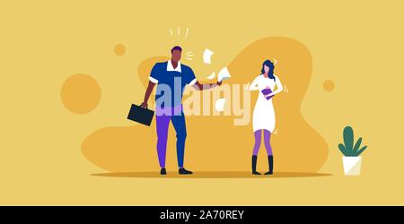 Unzufrieden Mann Chef werfen Papier Dokumente schreiend auf der frustrierten Frau Arbeitnehmer schlechter Job Konzept verärgert Arbeitgeber schreien Mitarbeiter Skizze horizontale voller Länge Vektor illustration Stock Vektor