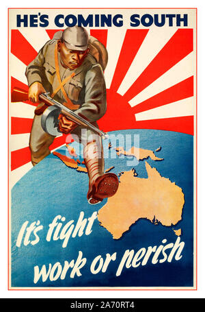 Vintage WW2 ‘He’s Coming South’ australisches Propagandaposter 1942. ‘Es geht um Kampf oder Untergang’ Australien fürchtete eine Invasion des kaiserlichen Japan nach dem Fall Singapurs. Illustration eines japanischen Soldaten mit dem Emblem der aufgehenden Sonne hinter dem Streifen über Australien Karte Zweiten Weltkrieg Zweiten Weltkrieg Stockfoto