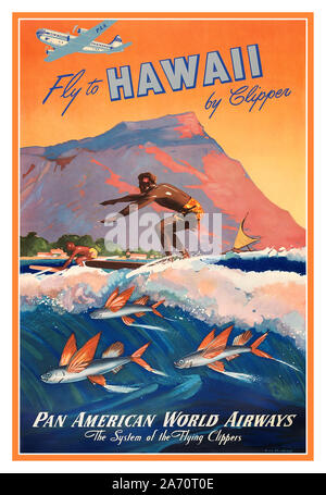 HAWAII SURFEN PAN AMERICAN 40er Retro Vintage American Airline travel Poster Werbung Hawaii über Pan American World Airways Clipper Service. "Das System der Flying Clippers Hawaii USA Stockfoto