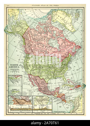 Jahrgang 1906 Karte von Nordamerika. Länder sind auf dieser Karte sind: Kanada, Grönland, USA, Mexiko, Guatemala, Honduras, Nicaragua, Costa Rica, Kuba und Haiti. C. S. Hammond Karte gedruckt und veröffentlicht 1906. Stockfoto
