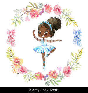 Aquarell afrikanischen amerikanischen Ballerina. Ballet Girl von floralen Kranz umgeben. Ballerina trägt blaue Tutu. Elegantes kleines Kind Posing Ausbildung Stockfoto