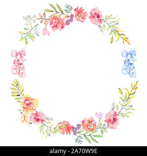 Ballett Thema Aquarell Garten Rosen Kranz. und Ballett Schuhe. Runde Rahmen mit Blumen Rosen, Pflanzen, Farne und Zweige. Hand gezeichnet Abbildung Stockfoto