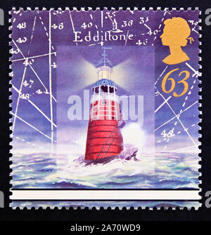Briefmarke. Großbritannien. Königin Elizabeth II. Leuchttürme. Eddystone Leuchtturm, Plymouth, 1698. 63 s. Stockfoto