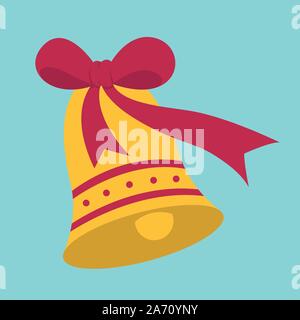 Die dekorativen Weihnachts Glocke mit Schleife und Muster auf hellblauem Hintergrund. Stilvolle, Minimal, modernen, ungezwungenen Flachbild Vektor cartoon Design Element. Stock Vektor