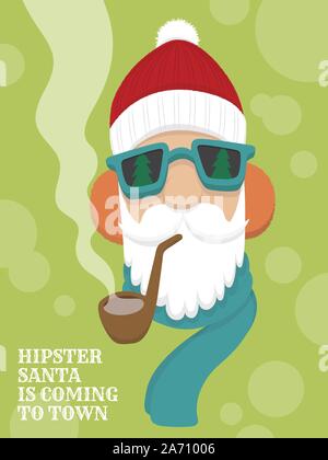 Flache vektor Cartoon von hipster Weihnachtsmann mit Mütze, Sonnenbrille, Ohrenschützer, Schal, Rohr mit Rauch und Hipster der Weihnachtsmann kommt in die Stadt. Stock Vektor